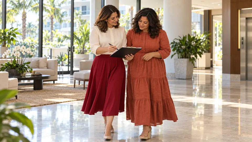 A title agent and a buyer review a condo estoppel certificate in a Miami lobby