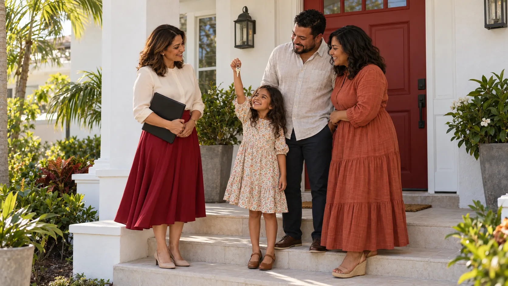 A family with their young daughter on the front steps of their new Florida home